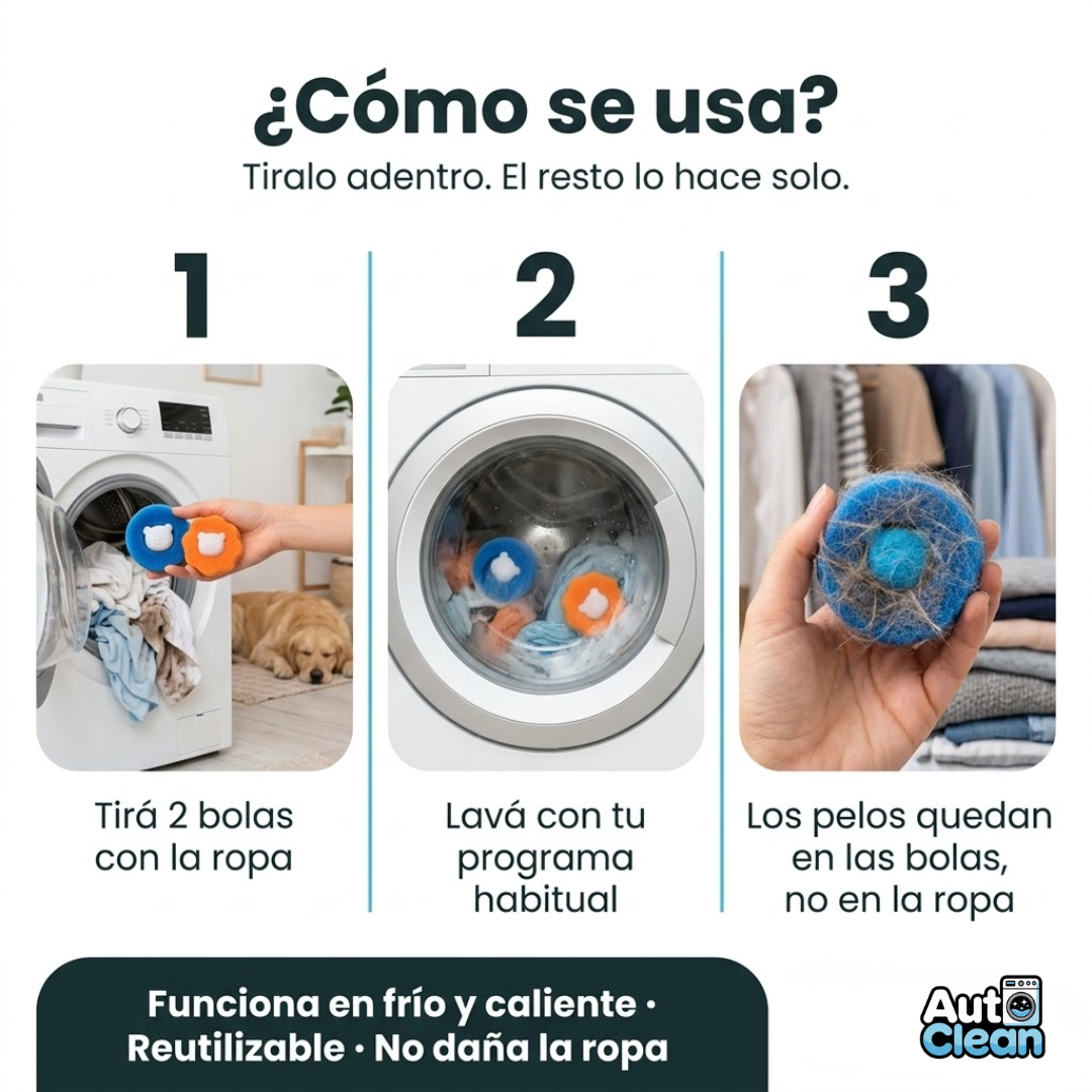 AutoClean™ - Pack 8 bolas atrapa pelos para lavarropas reutilizables