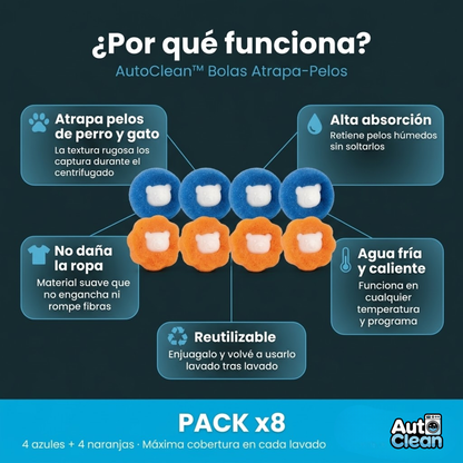 AutoClean™ - Pack 8 bolas atrapa pelos para lavarropas reutilizables